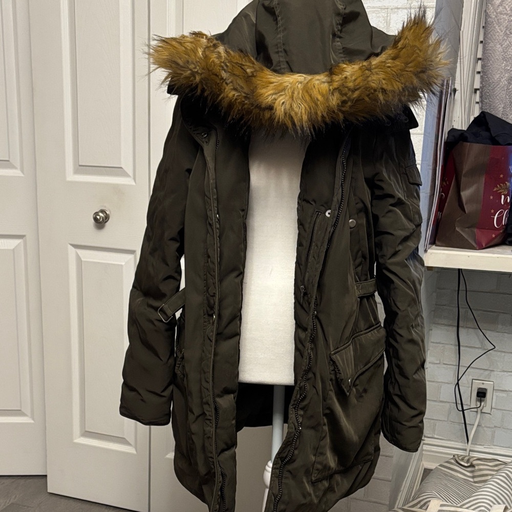 Women's Olive Parka with Faux Fur Trim